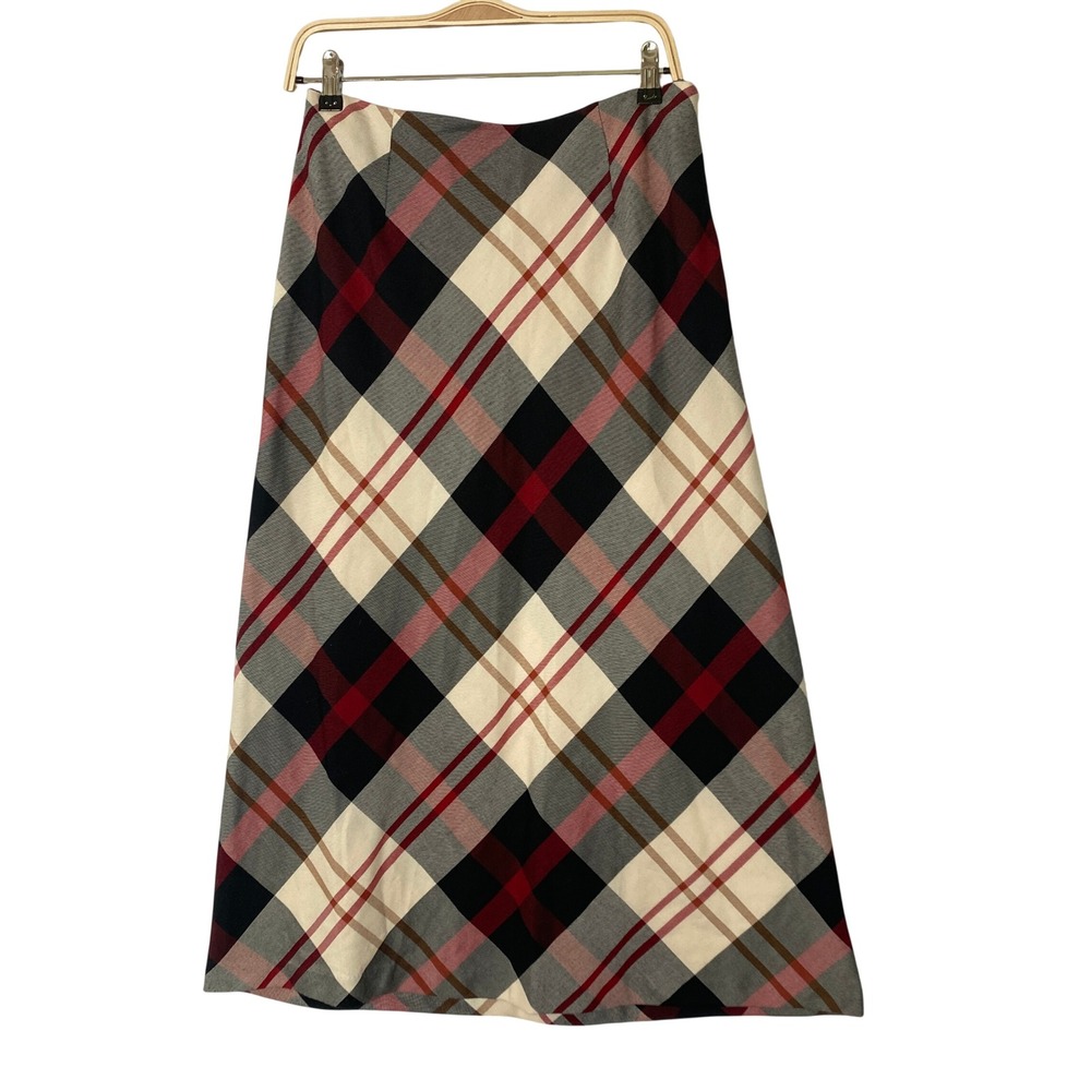 VTG Liz Baker Retro A-Line Midi Skirt Women 12 Black Red Holiday Tartan Plaid